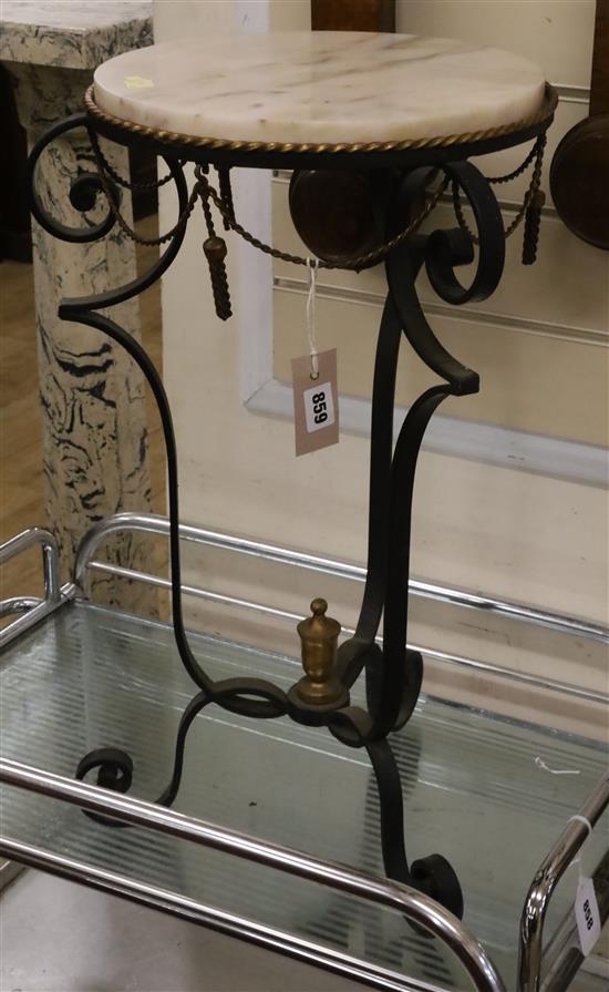 A wrought iron and marble top jardiniere stand H.62cm